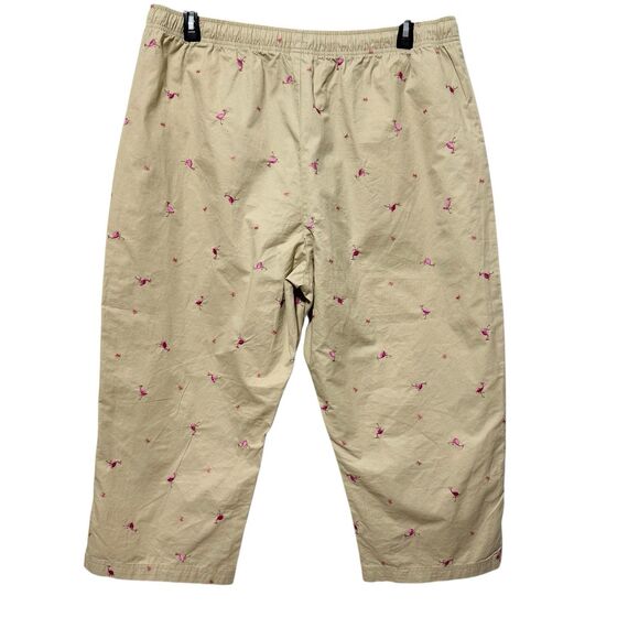 Basic Editions 1X Brown Pink Flamingo Embroidered Cropped Capri Pants Cotton - Picture 2 of 11